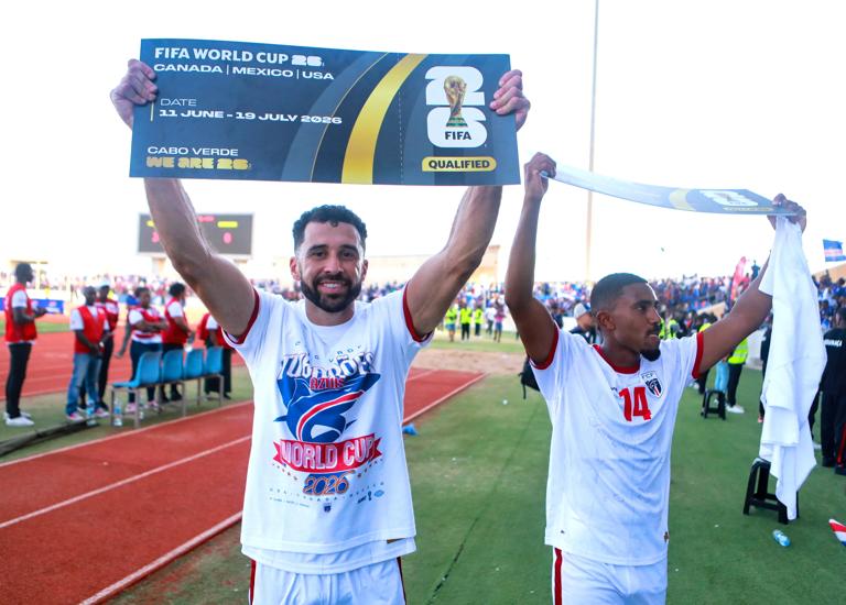 Cabo Verde's Roberto Lopes (L) and Deroy Duarte (R) celebrate the qualification for the 2026 FIFA World Cup on October 13, 2025. (Photo By Cristiano Barbosa/Sportsfile via Getty Images)