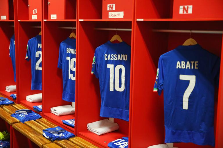 RECIFE, BRAZIL - JUNE 20:  Match shirts worn by players of Italy hang in the dressing room prior to the 2014 FIFA World Cup Brazil Group D match between Italy and Costa Rica at Arena Pernambuco on June 20, 2014 in Recife, Brazil.  (Photo by Alex Livesey - FIFA/FIFA via Getty Images)