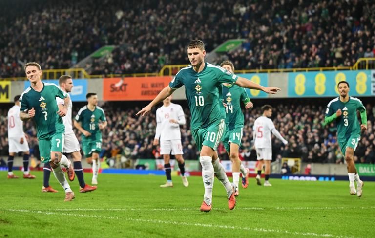 BELFAST, NORTHERN IRELAND - NOVEMBER 17: Jamie Donley of Northern Ireland celebrates scoring his team's first goal during the FIFA World Cup 2026 qualifier match between Northern Ireland and Luxembourg at Windsor Park on November 17, 2025 in Belfast, Northern Ireland. (Photo by Charles McQuillan/Getty Images)